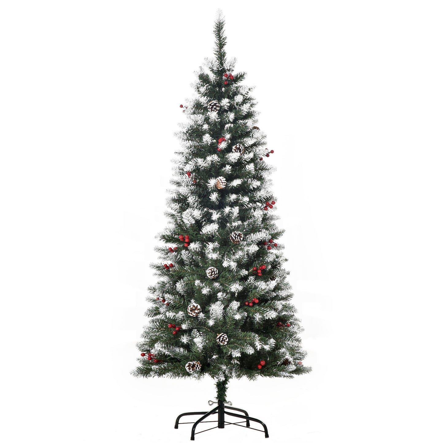 5FT Artificial Christmas Tree Xmas Pencil Tree with Red Berries and Pinecones Holiday Home Indoor Decoration with Foldable Fe
