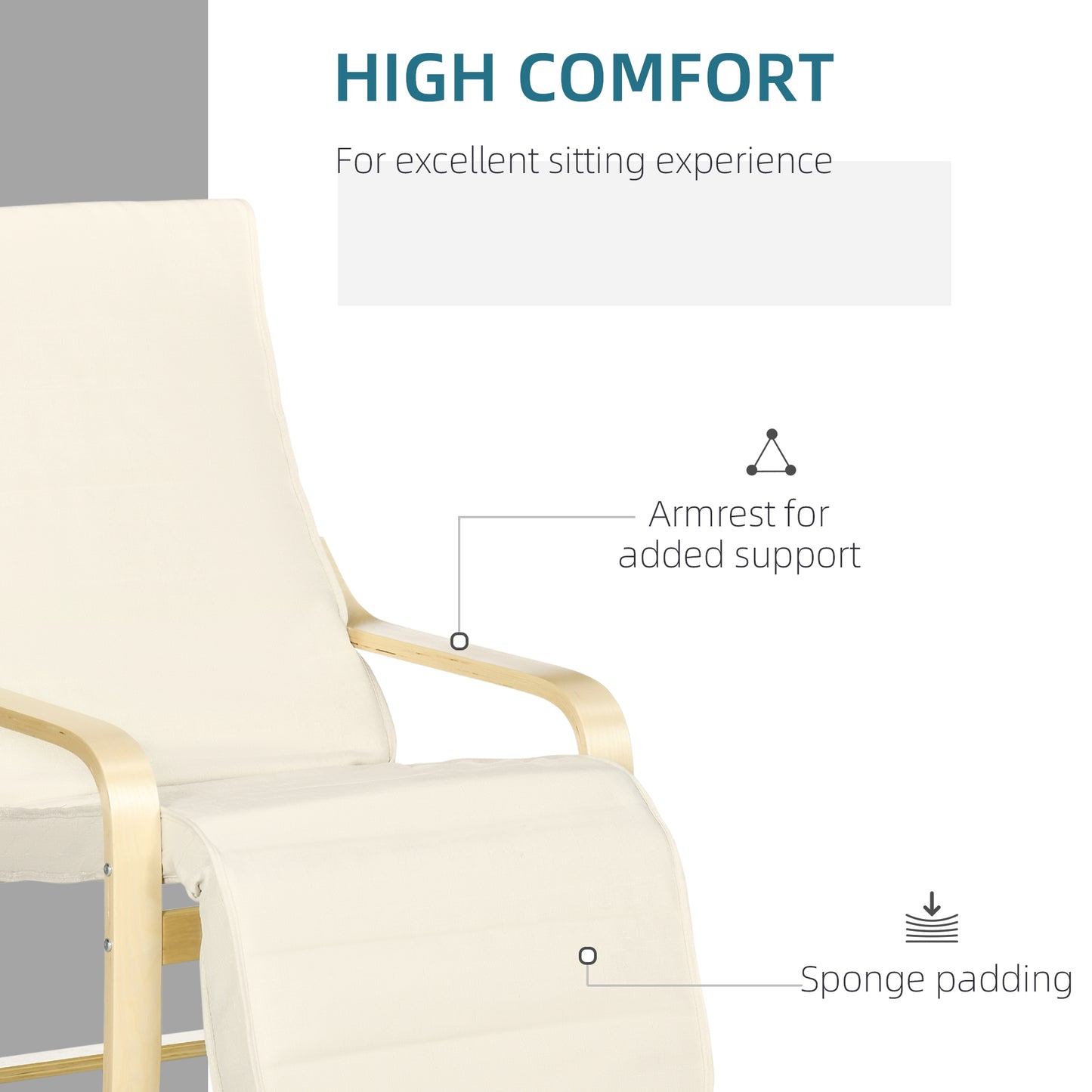 Wooden Armchair, Upholstered Linen Lounge Chair with Adjustable Footrest & Removable Cushion, Poang Chair for Living Room