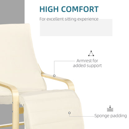 Wooden Armchair, Upholstered Linen Lounge Chair with Adjustable Footrest & Removable Cushion, Poang Chair for Living Room