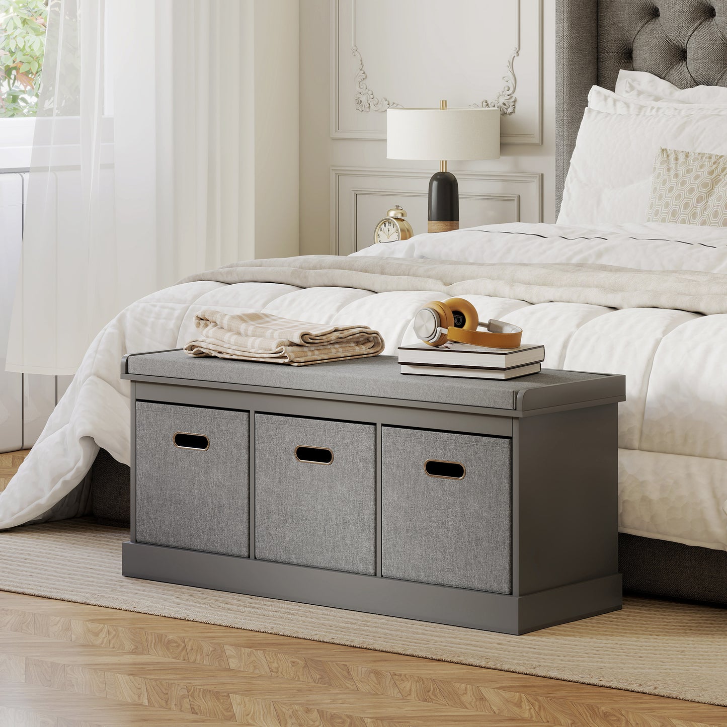 Three-Drawer Shoe Storage Bench, with Padded Top Seat - Grey