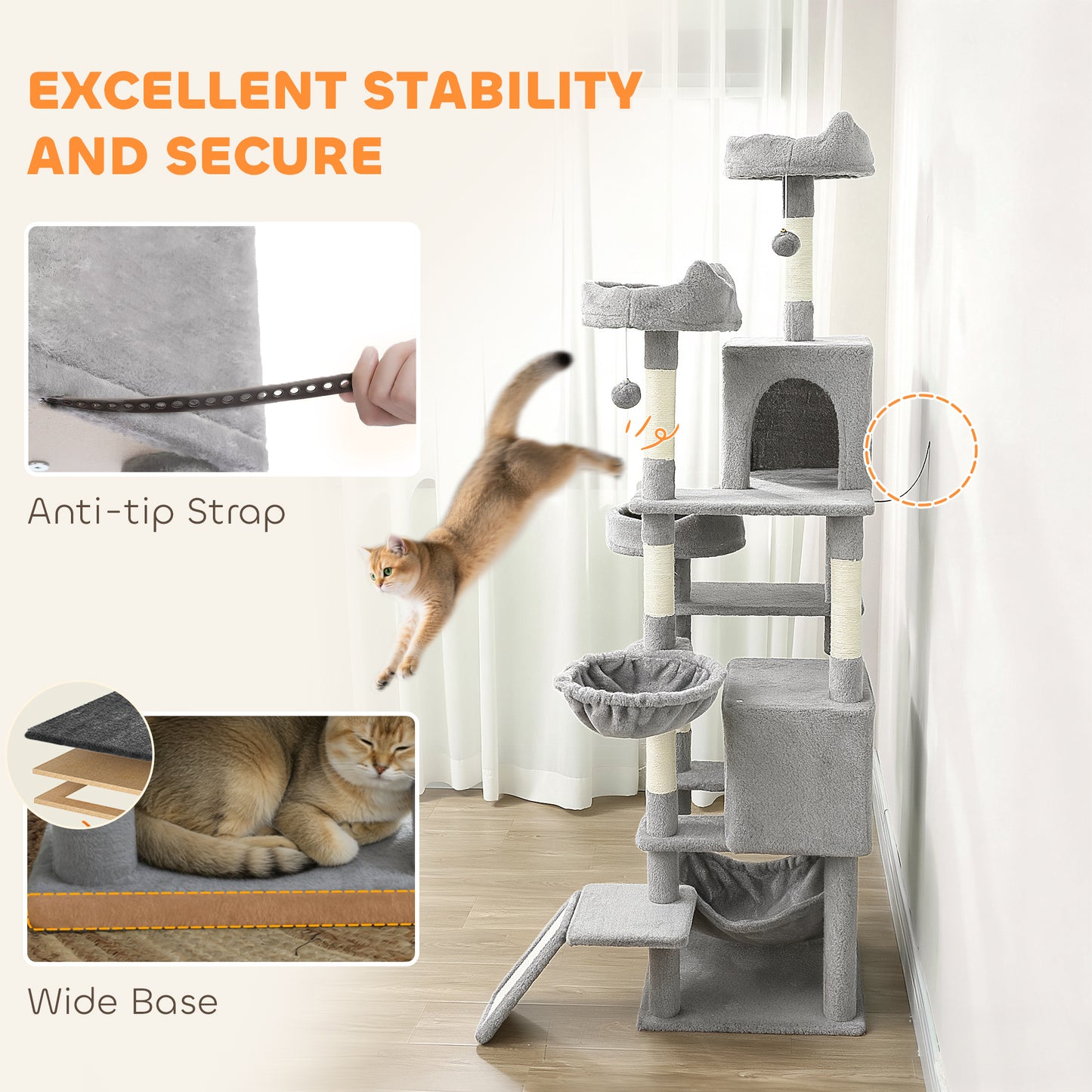 Cat Tree, 192 cm Large Multi-Level Cat Tower for Indoor Kittens with 8 Scratching Posts, 3 Plush Beds, 2 Hammocks