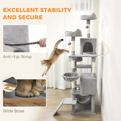 Cat Tree, 192 cm Large Multi-Level Cat Tower for Indoor Kittens with 8 Scratching Posts, 3 Plush Beds, 2 Hammocks