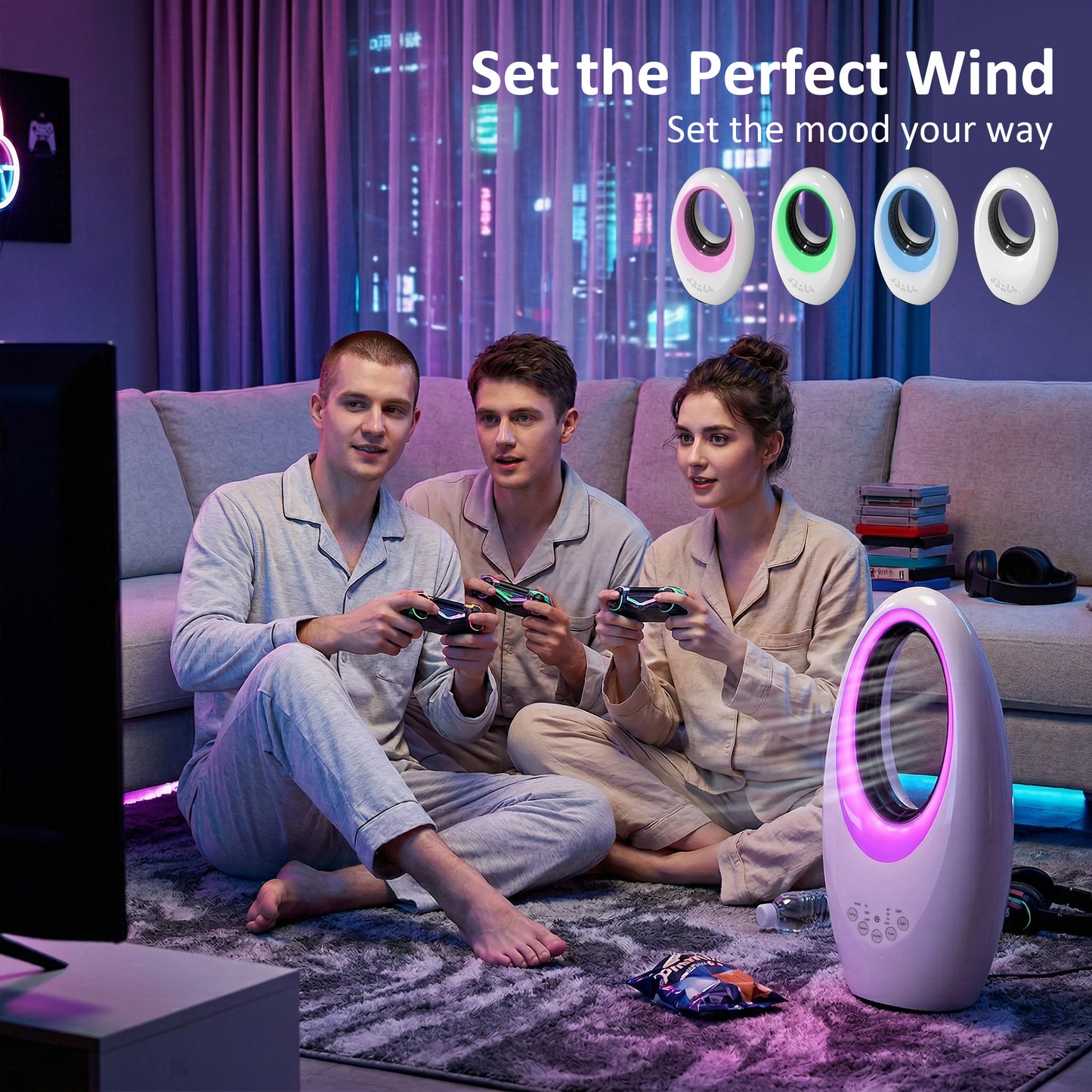 Bladeless Tower Fan, 36dB Standing Cooling Fan with 60° Oscillating, LED Lights, 3 Speeds, 7.5H Timer, Remote Control