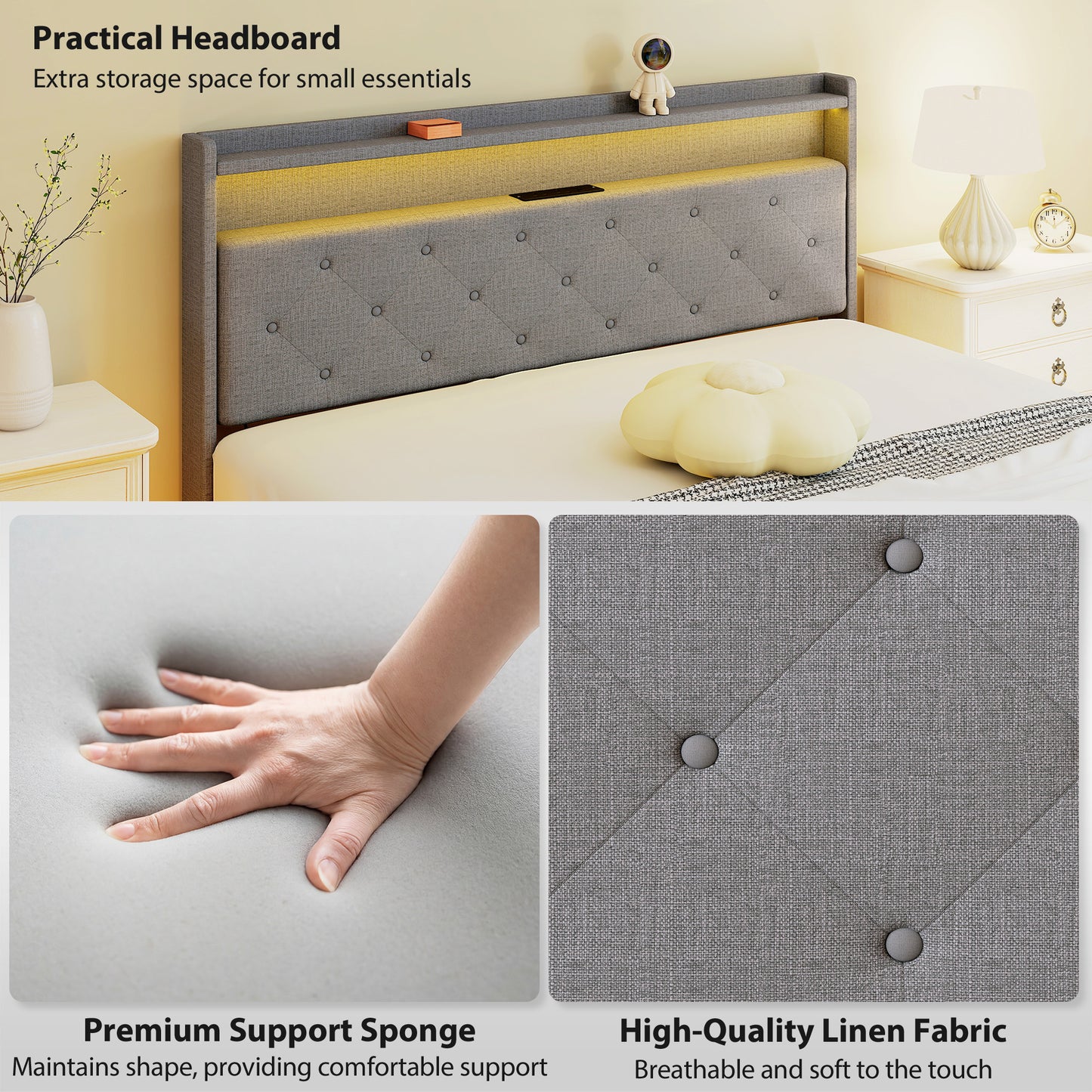 Floating Bed Frame, Upholstered 5ft King Size Bed, Platform Bed with RGB LED Lights and Charging Station, Grey