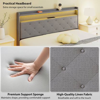 Floating Bed Frame, Upholstered 5ft King Size Bed, Platform Bed with RGB LED Lights and Charging Station, Grey