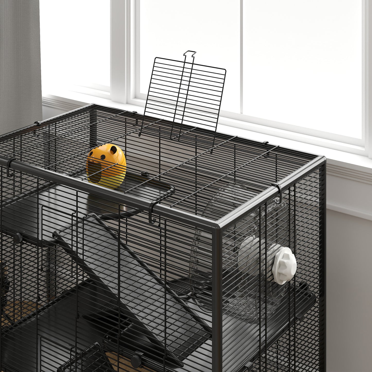Four-Tier Hamster Cage with Deep Tempered Glass Bottom, Hut, Running Wheel, Food Dish, Water Bottle, 78.5 x 48.5 x 80cm