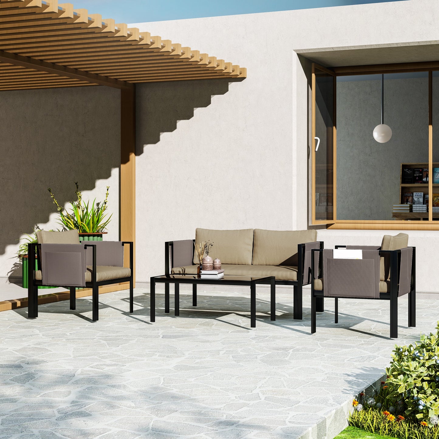4 Piece Metal Garden Furniture Set with Tempered Glass Coffee Table, Texteline Pocket