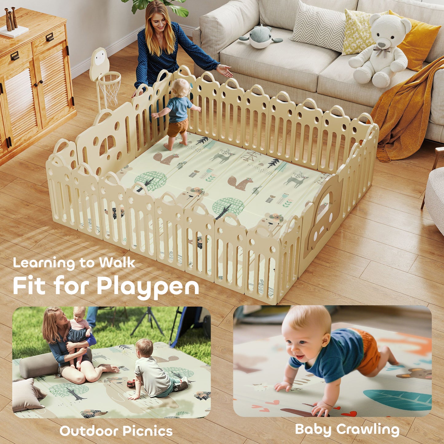 Baby Play Mat, Double Sideded Foldable Kids Crawling Mat, Reversible & Waterproof, Animal