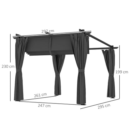 3 x 3 m Retractable Roof Pergola, with Curtains - Dark Grey