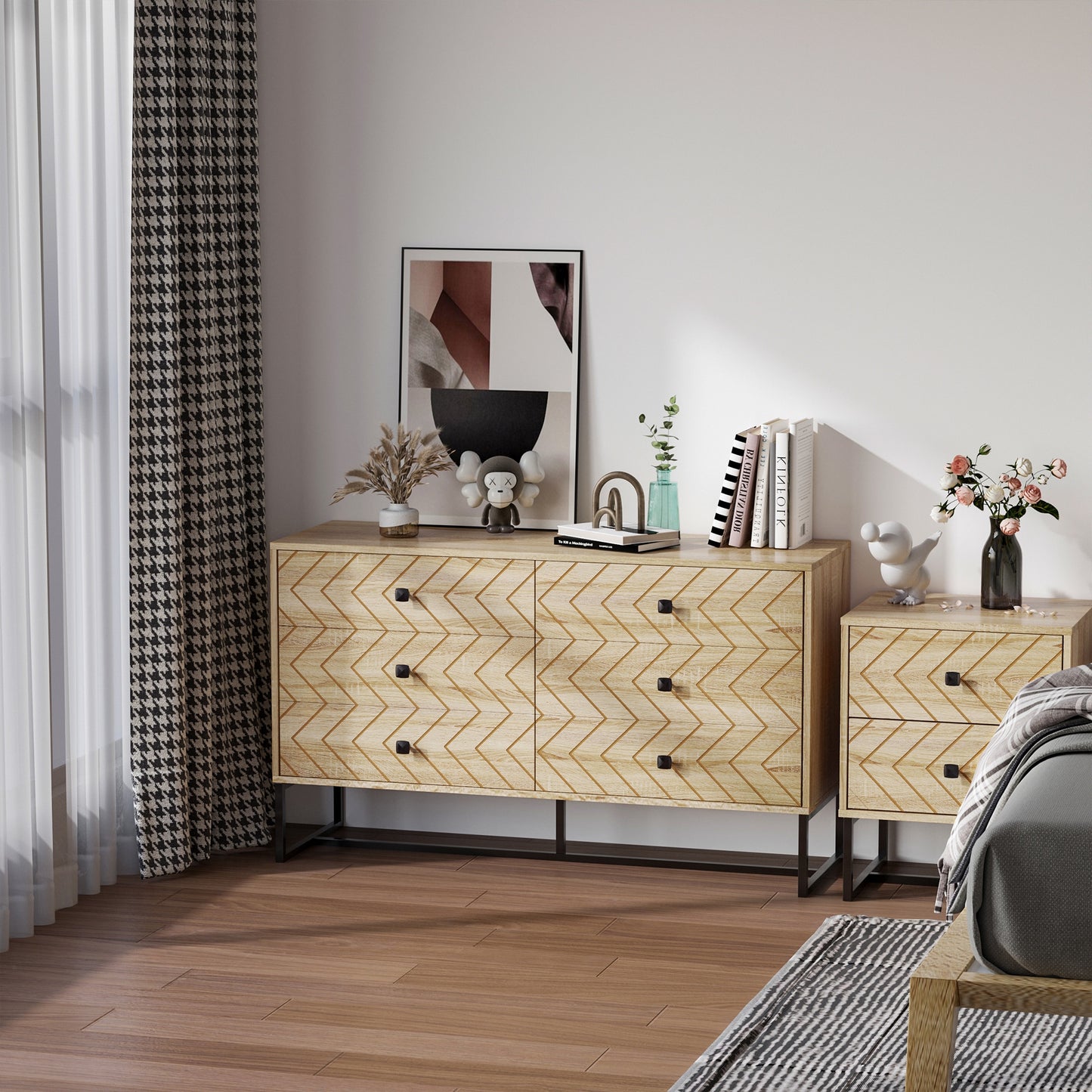 Bedroom Chest of Drawers, 6 Drawer Dresser, Sideboard Cabinet with Zigzag Design and Metal Base, Storage Drawer Unit
