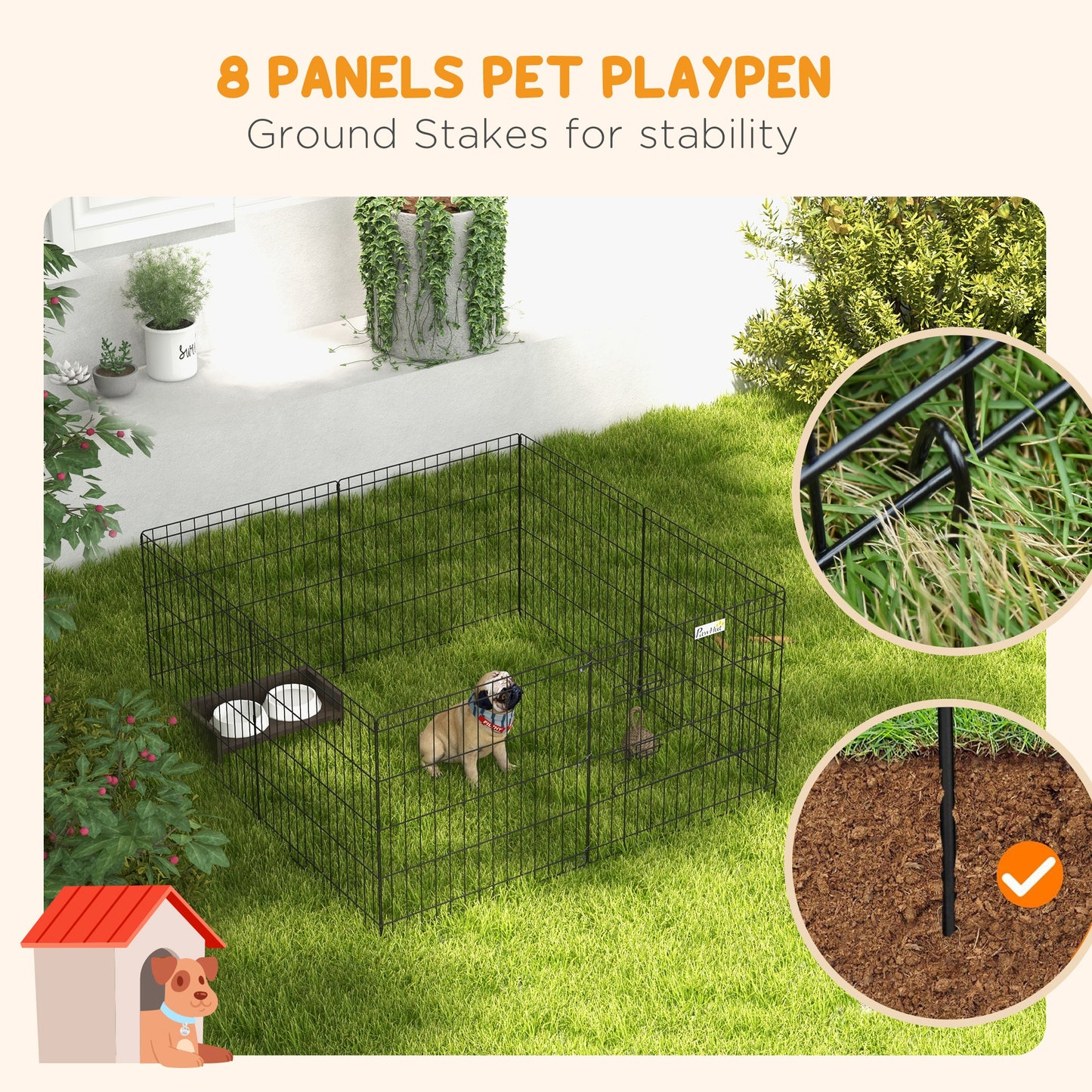 Dog Playpen, Puppy Pen, Eight-Panel Metal Fence, for Small Dogs, Indoors, Outdoors - Black