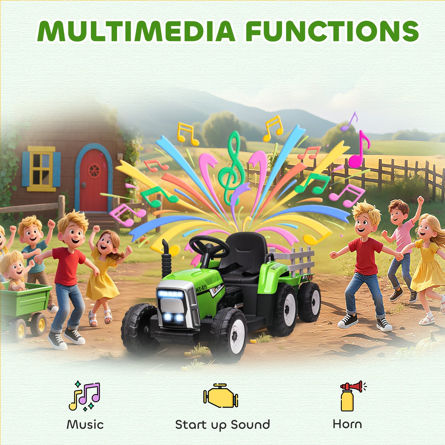 Ride On Tractor, Battery Powered Electric Car, with Detachable Trailer, Remote Control, Music - Green