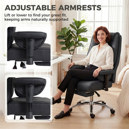 Executive Office Chair, Reclining Desk Chair with Footrest, Adjustable Armrests, Pet Friendly Faux Leather, Black