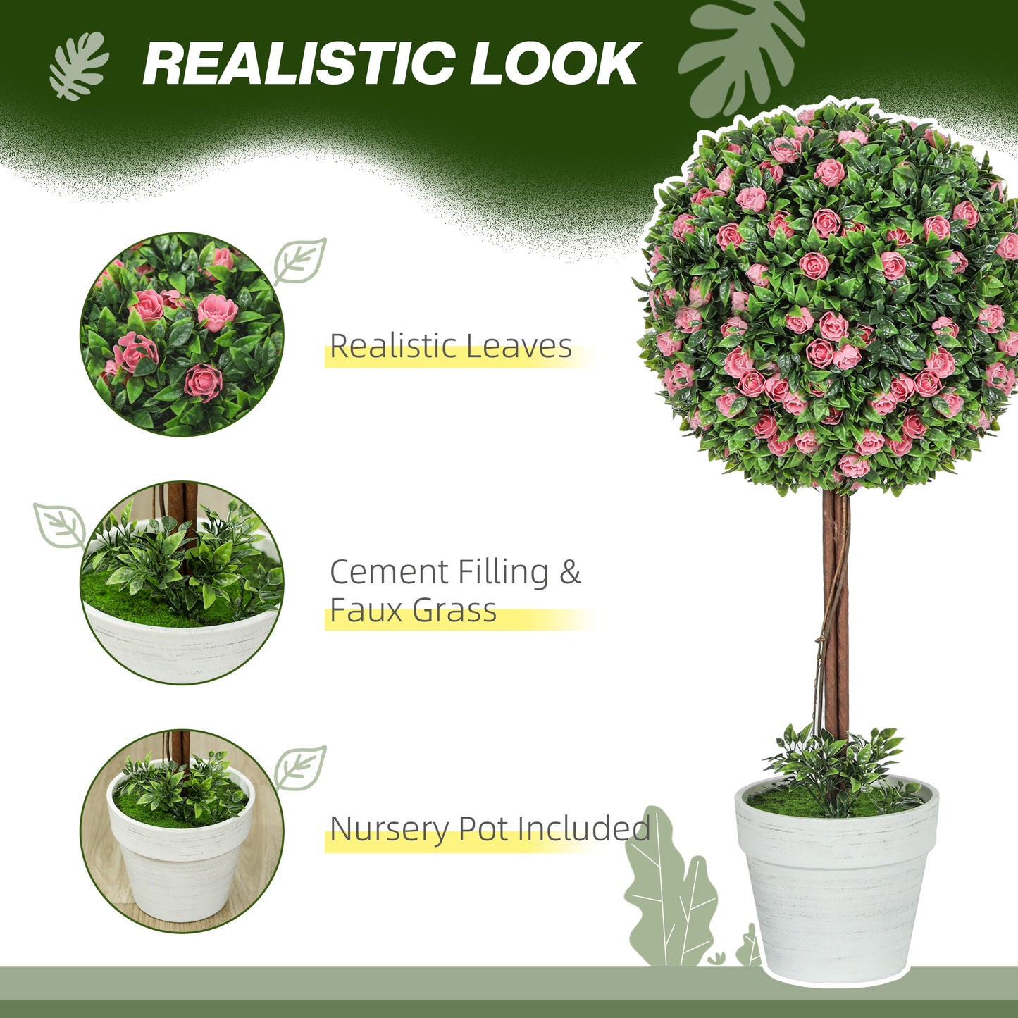 Set of 2 Decorative Artificial Plants, Ball Topiary Tree with Rose Flower in Pot, Fake Plants for Home Indoor Outdoor Decor