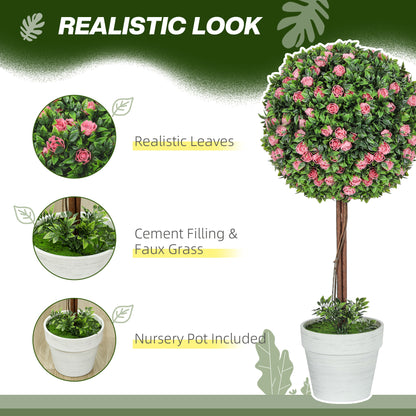 Set of 2 Decorative Artificial Plants, Ball Topiary Tree with Rose Flower in Pot, Fake Plants for Home Indoor Outdoor Decor