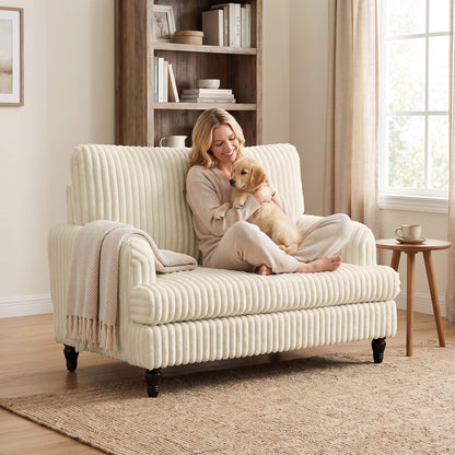 Corduroy Single Sofa Armchair, Modern Accent Chair with Stripes, Turned Legs and Wide Seat, Cream