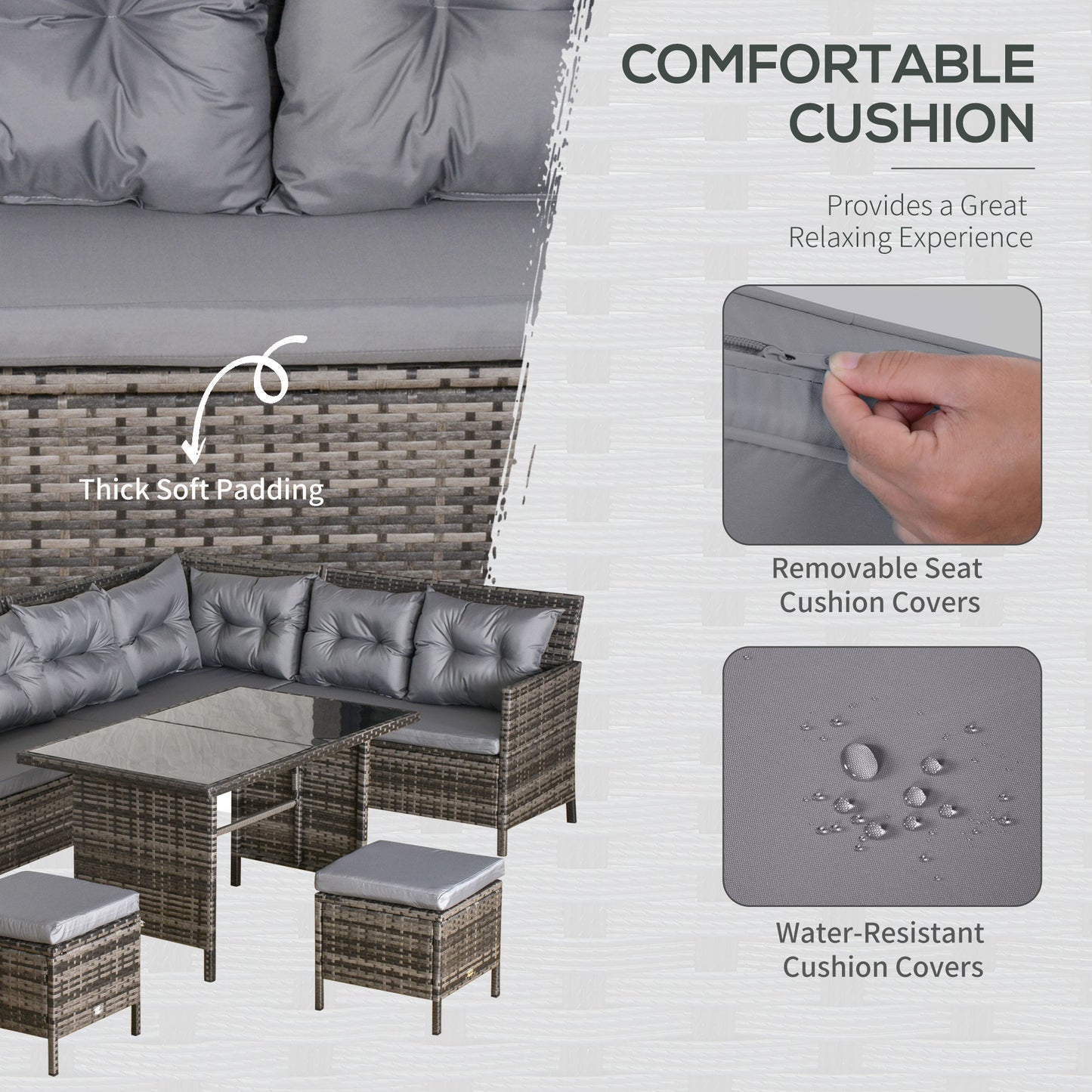 8 Seater Rattan Sofa Set, Rattan Garden Furniture Set with Tempered Glass Table & Thick Cushions, Grey