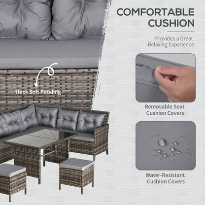 8 Seater Rattan Sofa Set, Rattan Garden Furniture Set with Tempered Glass Table & Thick Cushions, Grey