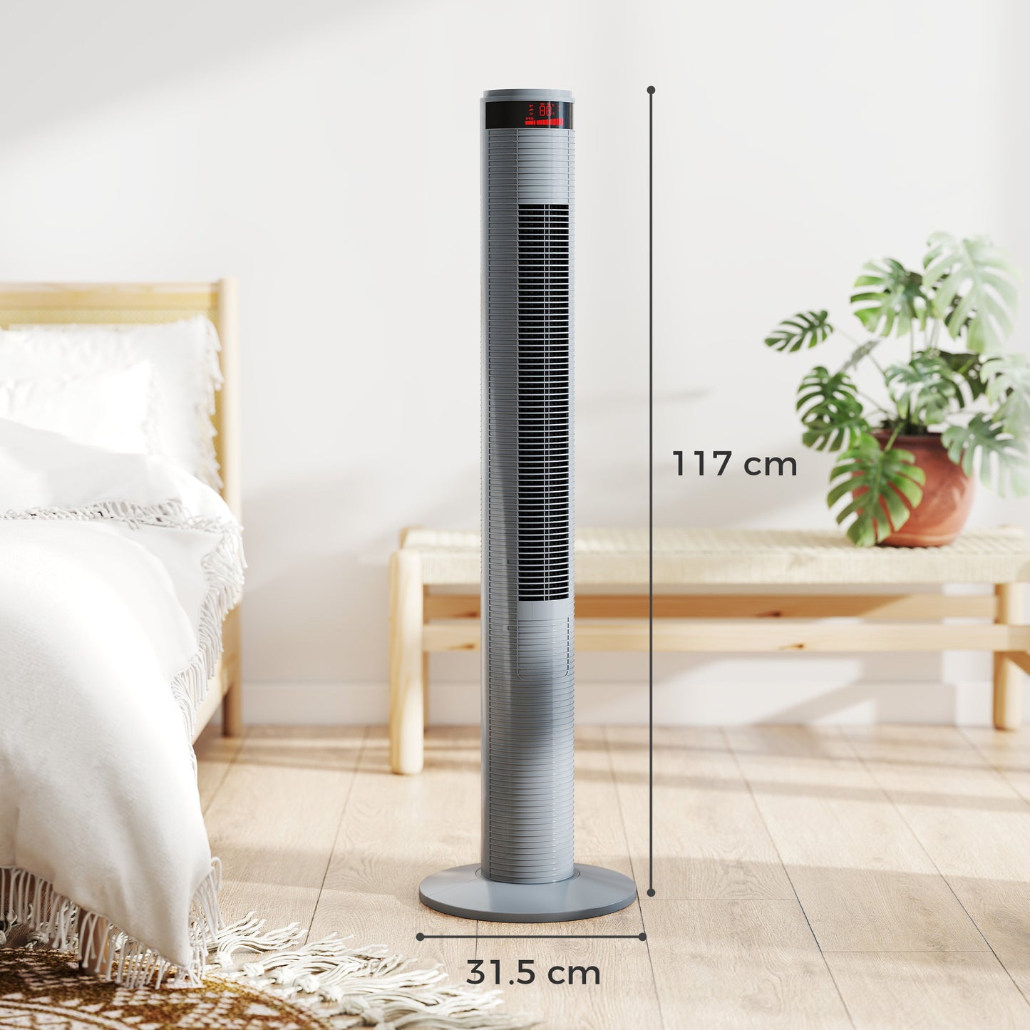 Oscillating Tower Fan Remote Control 3 Speed Modes Cooling Machine, Grey