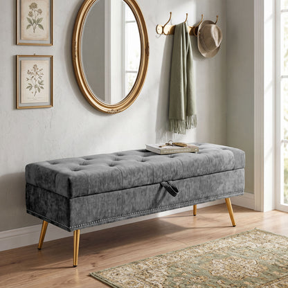 Storage Ottoman, Chenille Upholstered Ottoman Storage Box with Padded Seat, Metal Legs, 114 x 41 x 45 cm, Grey