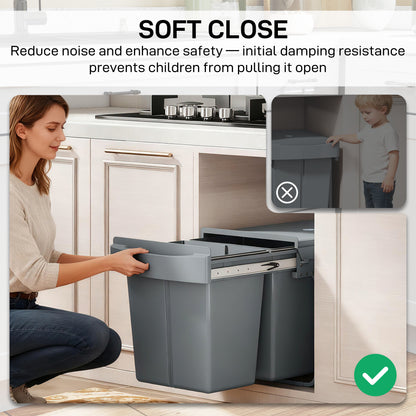 Pull Out Bin, Kitchen Under Sink Bin with 2 Removable Compartments, Smooth Glide, Grey
