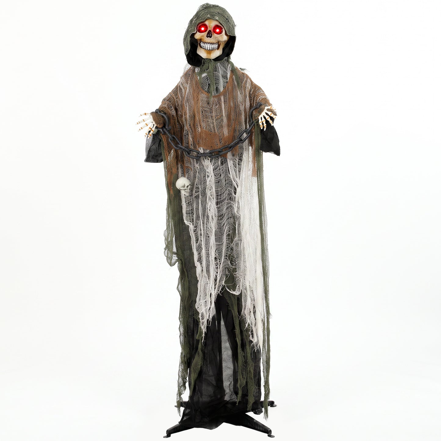 170cm Animated Grim Reaper, Life-Size Halloween Animatronic with Moving Hands/Head, Glowing Eyes, Creepy Sound