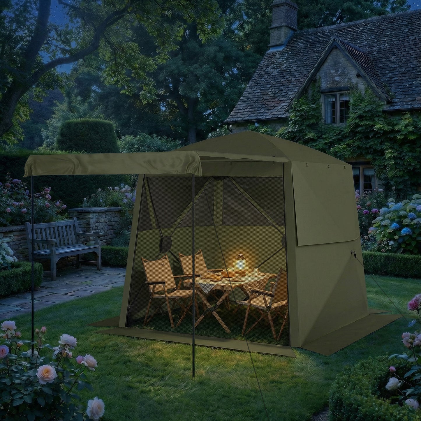 Pop Up Gazebo Waterproof Instant Shelter with Awning Mesh Windows for Camping Patio 2 x 2 m, Army Green
