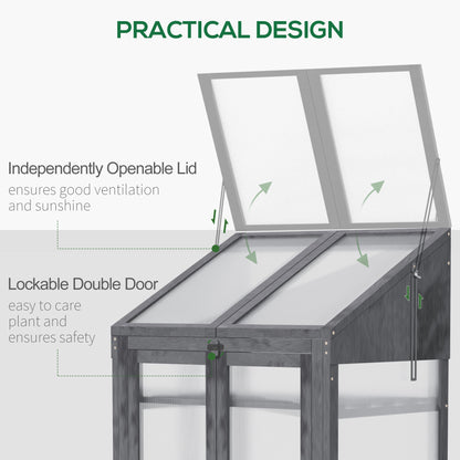 Wooden Cold Frame Polycarbonate Greenhouse with Openable Top Cover and Double Door, Grow House for Flower