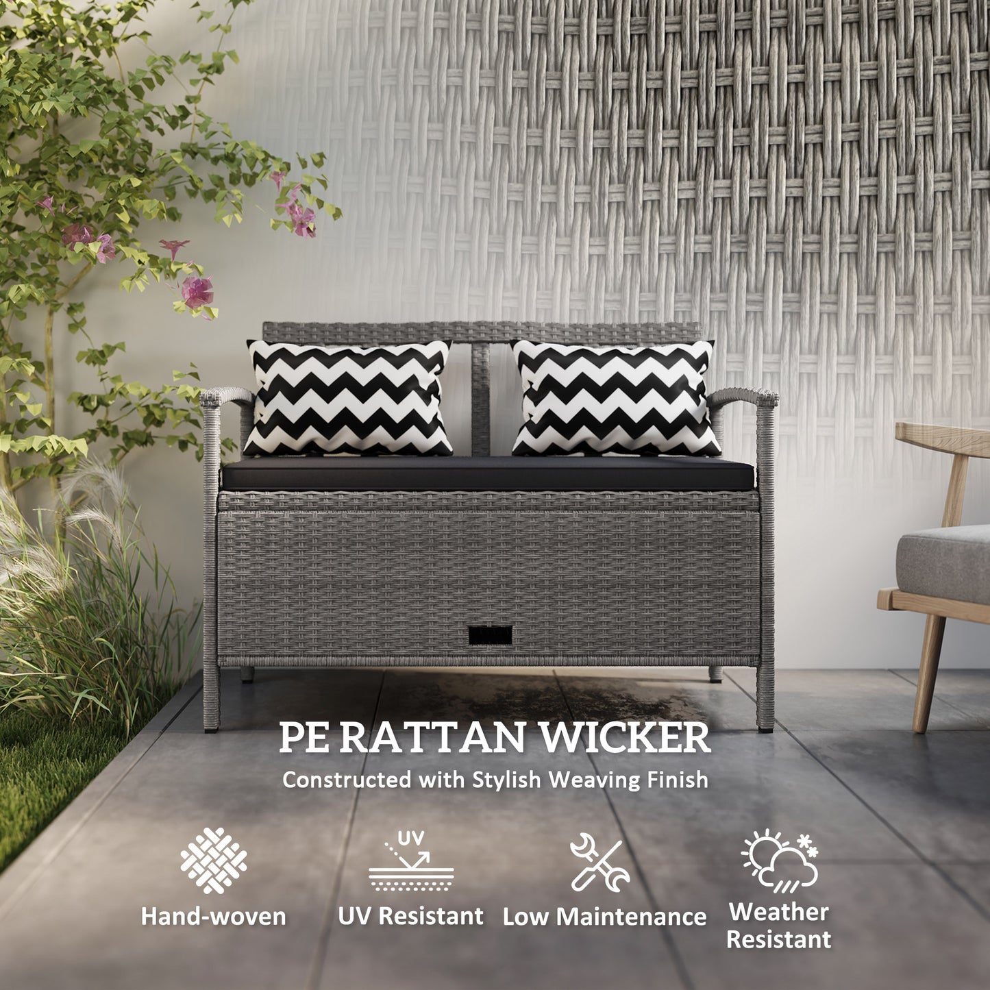 160L Storage Two-Seater Rattan Bench - Grey