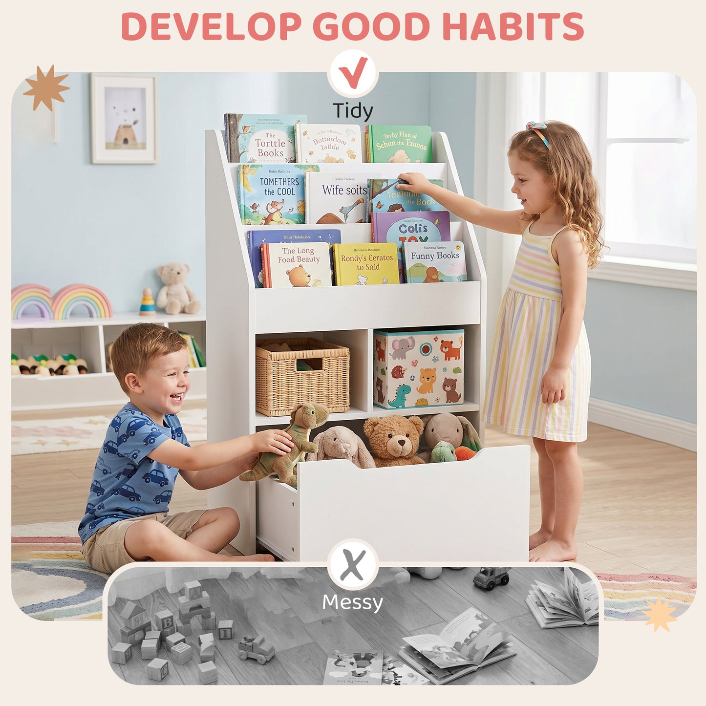 Kids Bookshelf, Toy Organiser, with Storage Drawer, Wheels - White