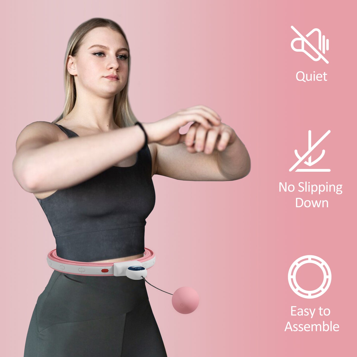 Smart Weighted Hula Hoop, Massage Hula Ring w/ 16 Detachable Knots, 360° Auto-Rotating Ball, Digital Counter, Pink
