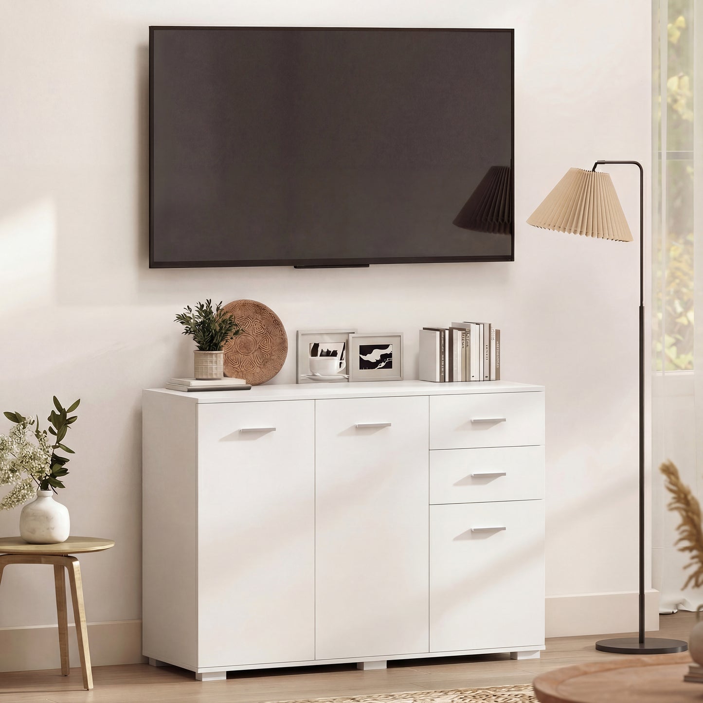 Sideboard, Modern Storage Cabinet with 2 Drawers, 3 Doors and Adjustable Shelves, White