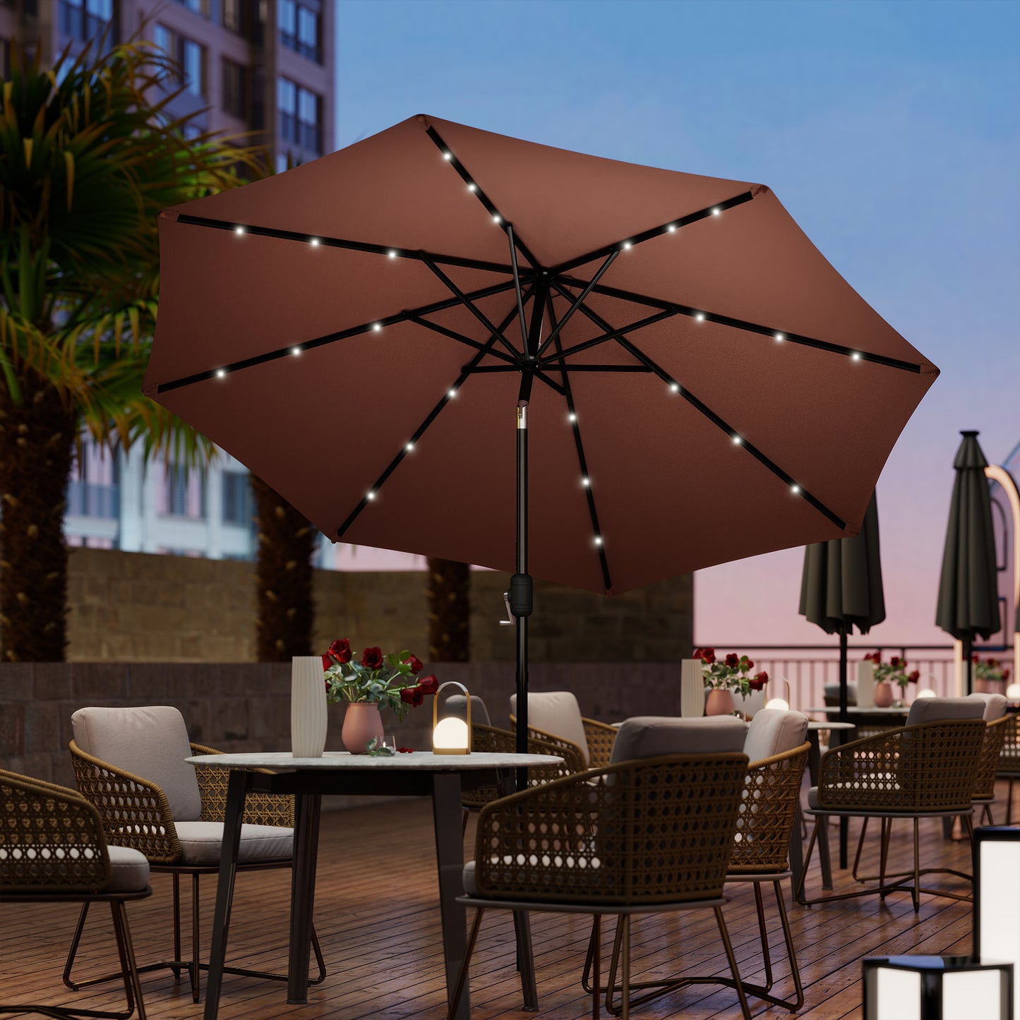 Φ2.7m Garden 24 LED Light Parasol Solar Outdoor Tilt Sun Umbrella Patio Club Party Event Manual Sun Shade w/ Hand Crank and 8