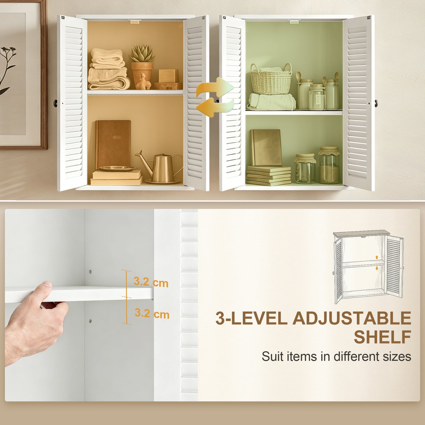 Bathroom Cabinet, Bathroom Wall Cabinet with Louvered Doors and Adjustable Shelf Storage for Kitchen, White
