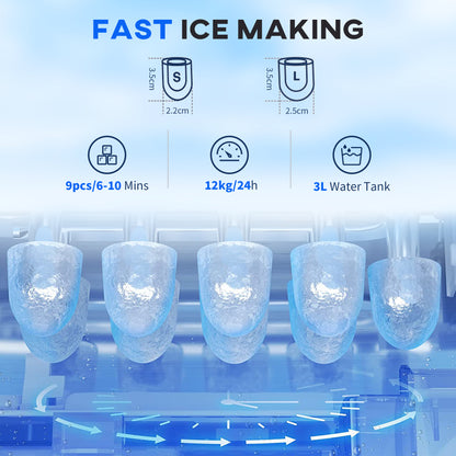 3L Ice Maker Machine and Water Dispenser, 12kg in 24H, 2 Sizes 9 Ice Cubes Ready in 6-10 Mins Ice Machine, Silver
