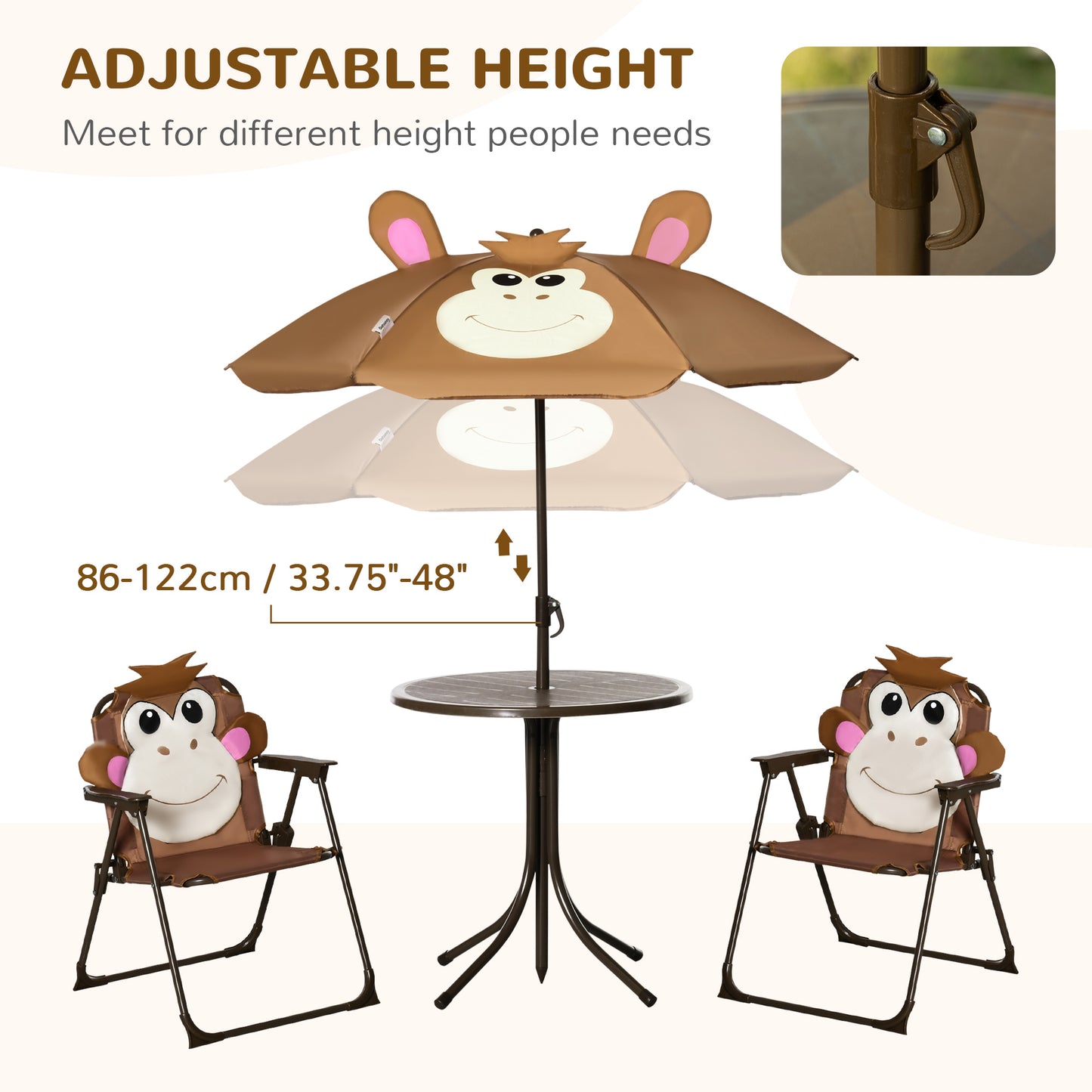 Kids Bistro Table and Chair Set, Outdoor Folding Garden Furniture w/Monkey Design, Removable, Adjustable Sun Umbrella