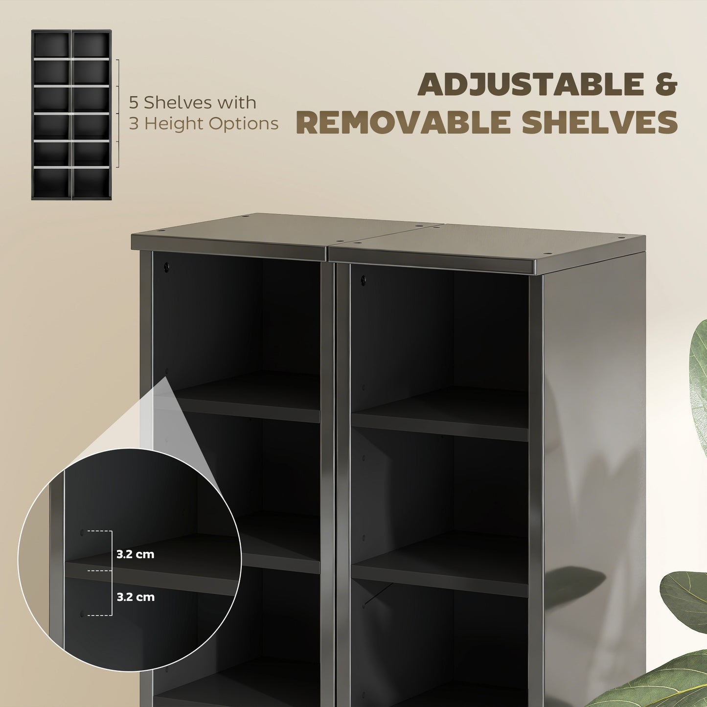 Set of 2 CD Media Display Shelf Unit Tower Rack with Adjustable Shelves, High Gloss Black