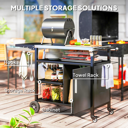 Outdoor BBQ Trolley with Foldable Side Table, Stainless Steel Top, Outdoor Kitchen with Wheels Hooks Shelves Cabinet