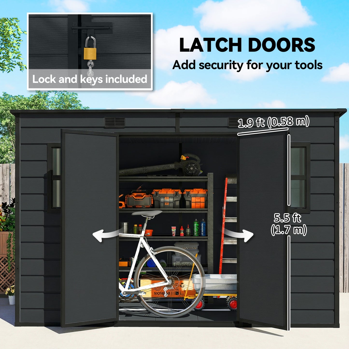 10 x 6 ft Resin Garden Shed, Outdoor Storage Shed with Floor, Windows, Lockable Doors and Vents, Dark Grey
