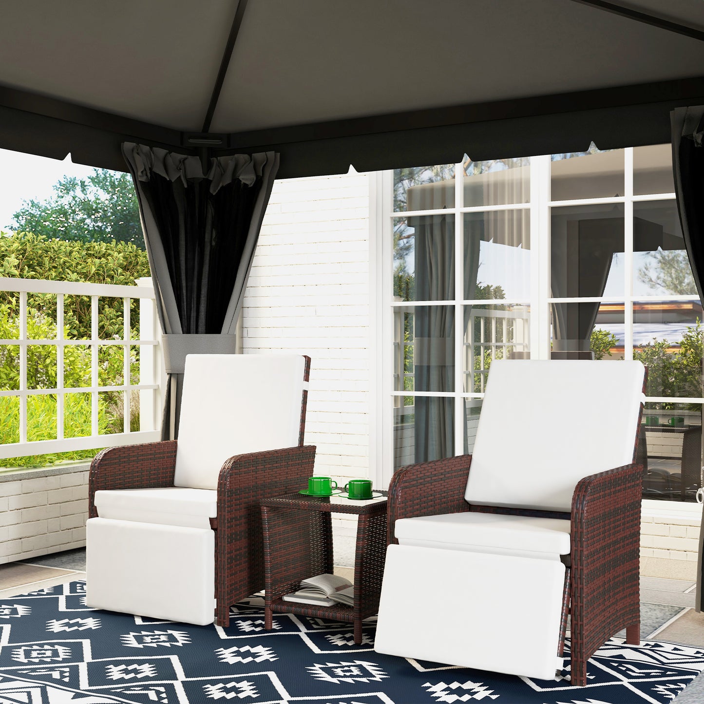 3 Pieces Rattan Bistro Set Balcony Furniture with Cushions, Storage Function - Cream White