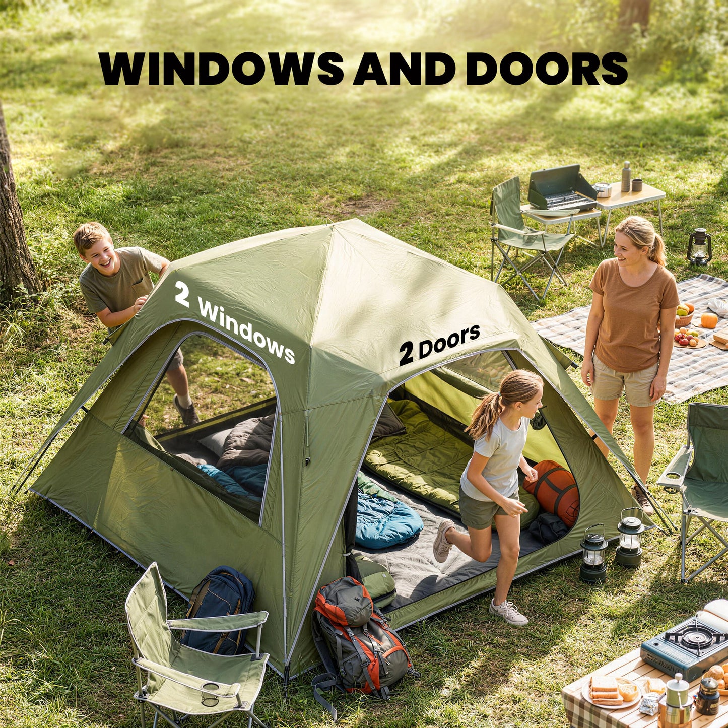 Pop Up Tent 3000mm Waterproof Camping Tents with Mesh Windows 2-3 People Green