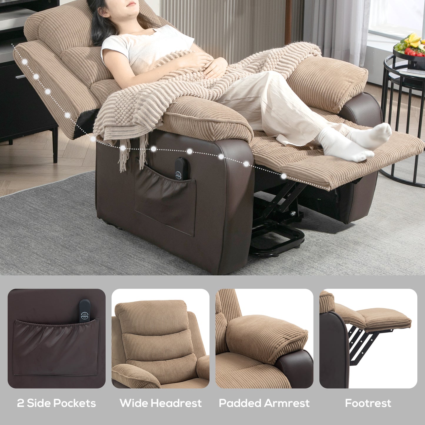 Overstuffed Corduroy Electric Lift Recliner Chair - Brown