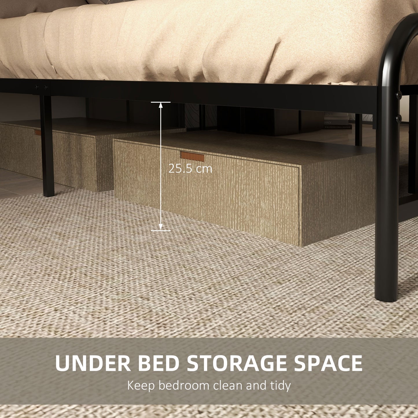 4.8ft Double Bed Frame with Industrial Wood Headboard, Steel Slat Support and 25.5cm Underbed Storage Space, 145 x 197cm