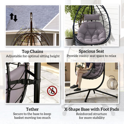 Hanging Egg Chair Outdoor Indoor Garden Swing Chair with Folding Basket, Thickened Cushion, Garden Hanging Chair with Stand