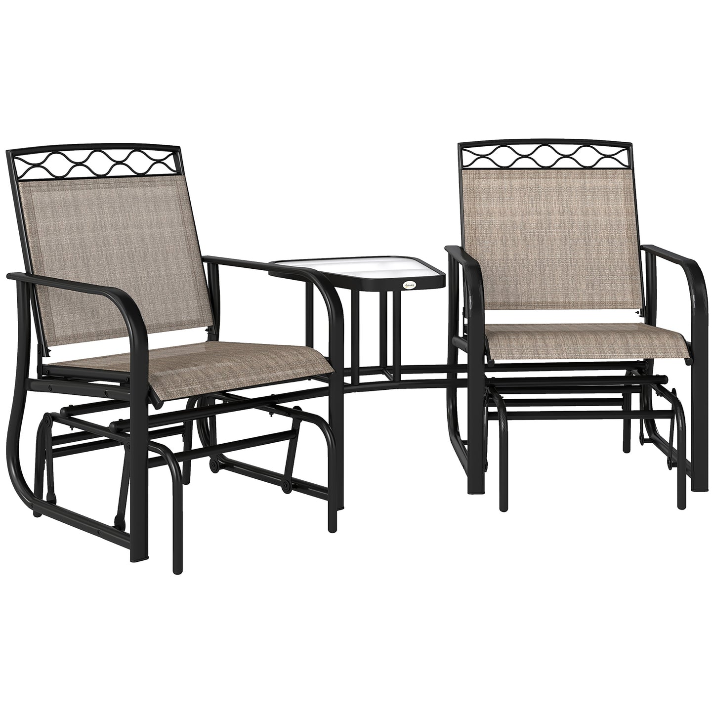 Double Outdoor Glider Chair, 2 Seater Patio Rocking Chairs, Swing Bench with Tempered Glass Table