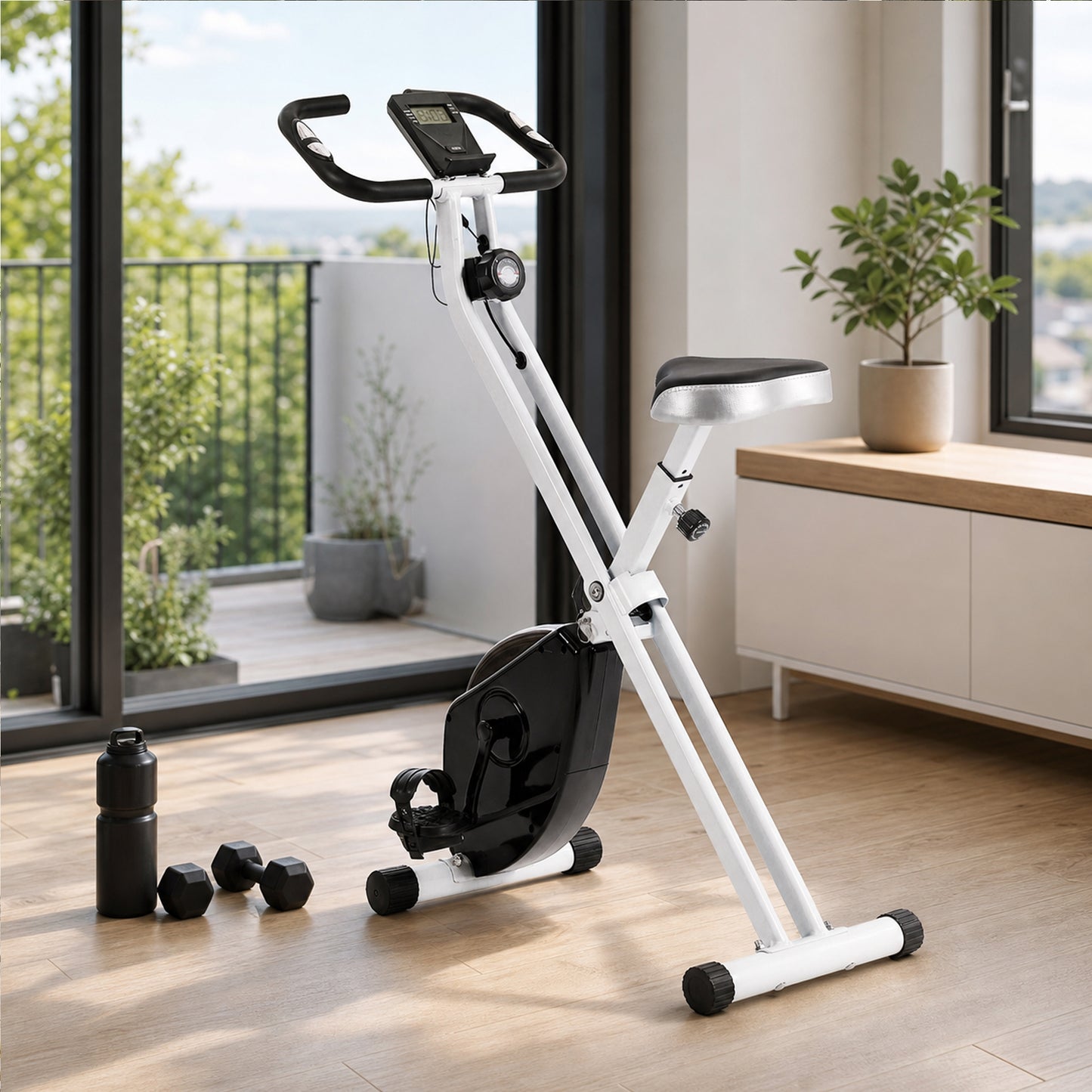 Folding and Quiet Exercise Bike with 8-Level Magnetic Resistance and Heart Rate Sensor, for Home Gym, Black and White