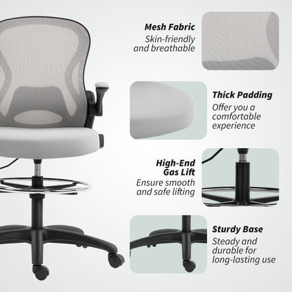 Adjustable Mesh Standing Desk Chair with Flip-up Armrests Lumbar Support Armrests Adjustable Footrest Ring Grey