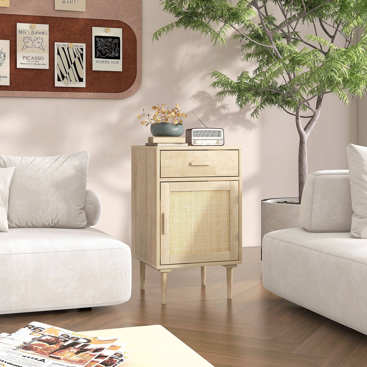 Bedside Table, Rattan Side Tables with Drawer, Cabinet and Adjustable Shelf, Boho Bedside Cabinet with Storage for Bedroom