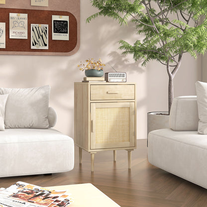 Bedside Table, Rattan Side Tables with Drawer, Cabinet and Adjustable Shelf, Boho Bedside Cabinet with Storage for Bedroom
