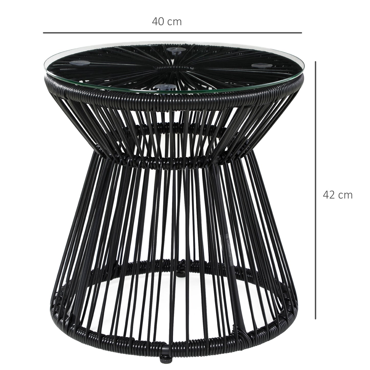Round End Table, Rattan Side Table, Hollow Drum Design Coffee Table w/ Glass Tabletop for Patio, Garden, Balcony Black